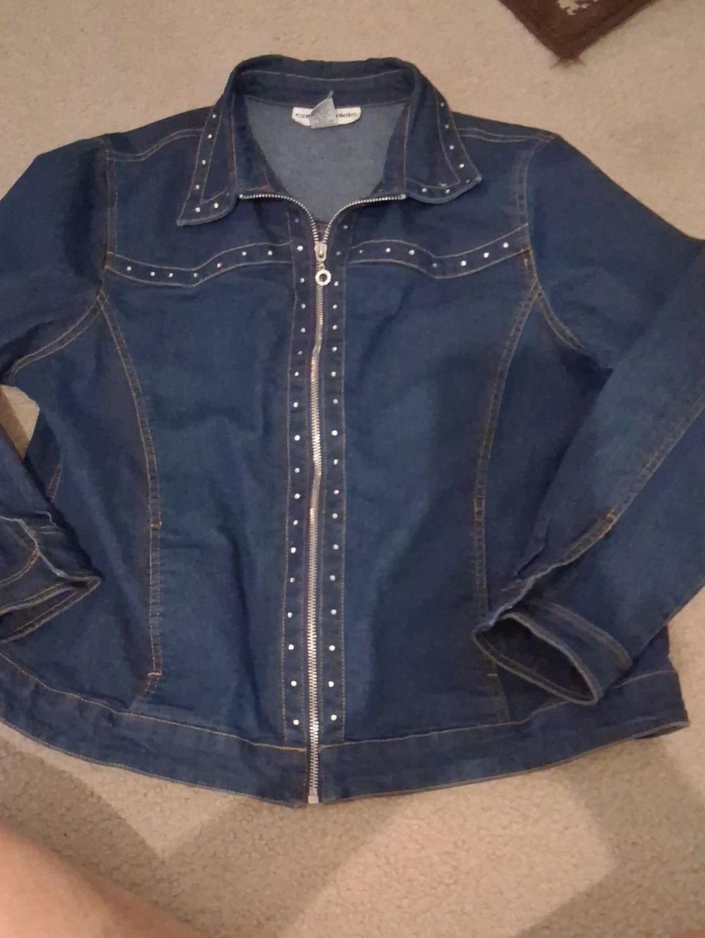 Rhinestone Dark Blue Denim Jacket with Zip Closure